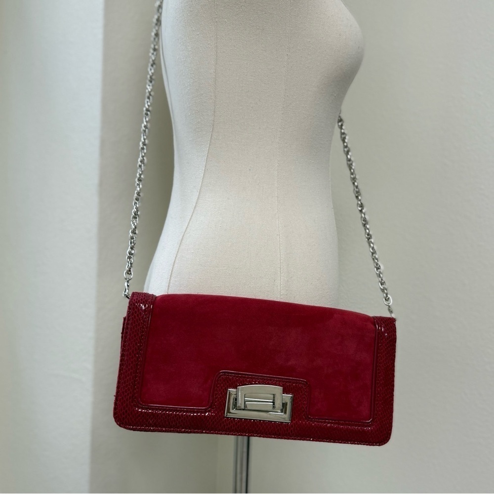 Brand New White House Black Market Burgundy and Silver Leather Crossbody Clutch